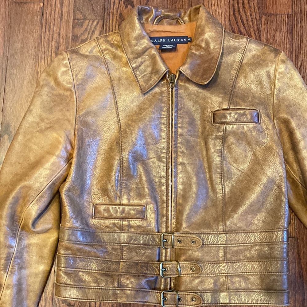 🏇Ralph Lauren Blue Label Aviator Strap Cropped Brown Leather Jacket🏇 - Picture 8 of 13